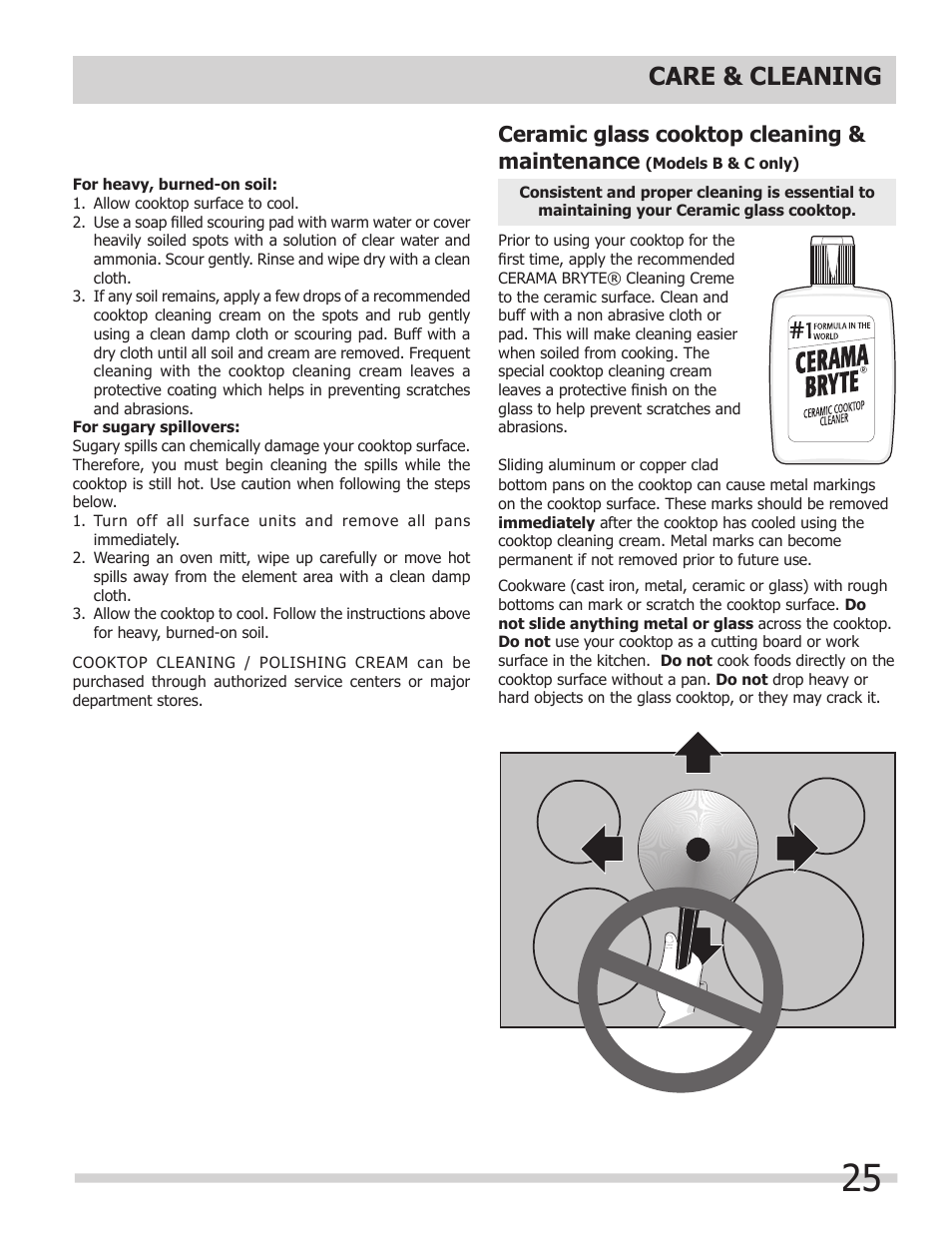 Care & cleaning, Ceramic glass cooktop cleaning & maintenance | FRIGIDAIRE A User Manual | Page 25 / 32