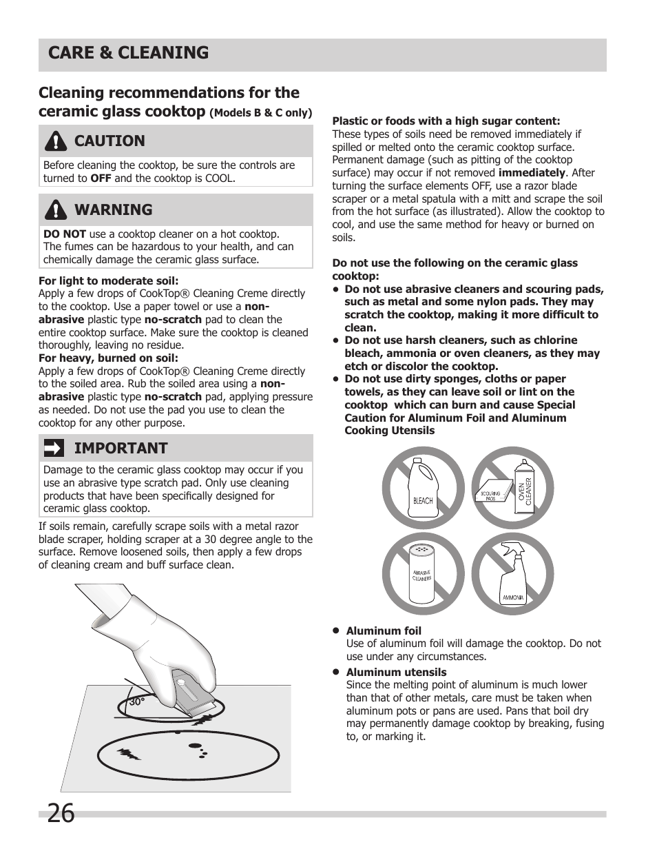 Care & cleaning, Warning, Caution | Important | FRIGIDAIRE A User Manual | Page 26 / 32