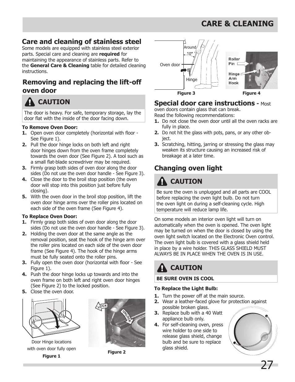 Care & cleaning, Caution, Removing and replacing the lift-off oven door | Care and cleaning of stainless steel, Special door care instructions, Changing oven light | FRIGIDAIRE A User Manual | Page 27 / 32