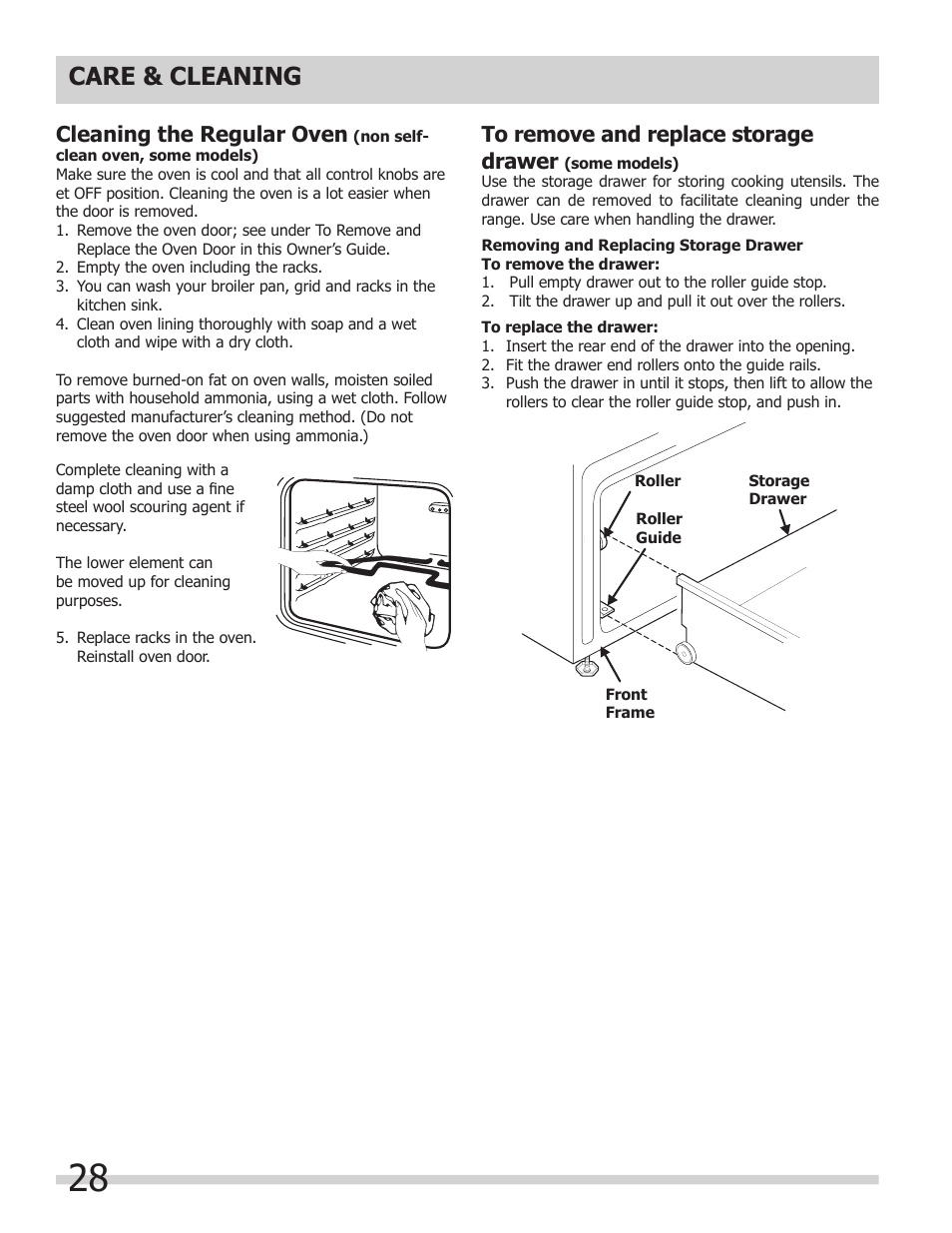 Care & cleaning, Cleaning the regular oven | FRIGIDAIRE A User Manual | Page 28 / 32