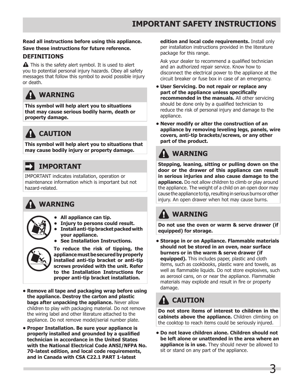 Important safety instructions, Warning, Caution | Important | FRIGIDAIRE A User Manual | Page 3 / 32