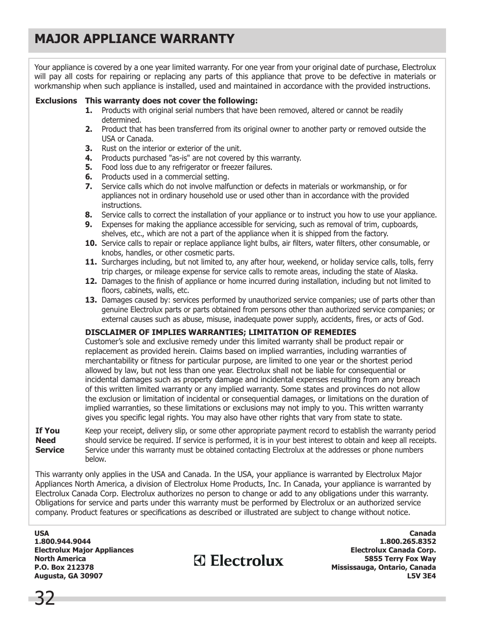 Major appliance warranty | FRIGIDAIRE A User Manual | Page 32 / 32