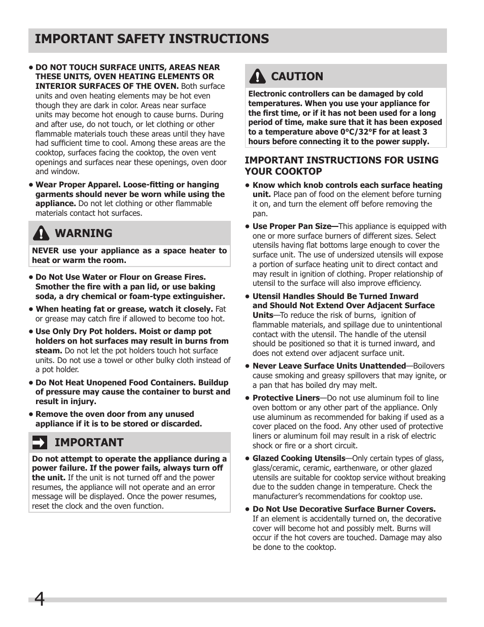 Important safety instructions, Warning, Important | Caution | FRIGIDAIRE A User Manual | Page 4 / 32