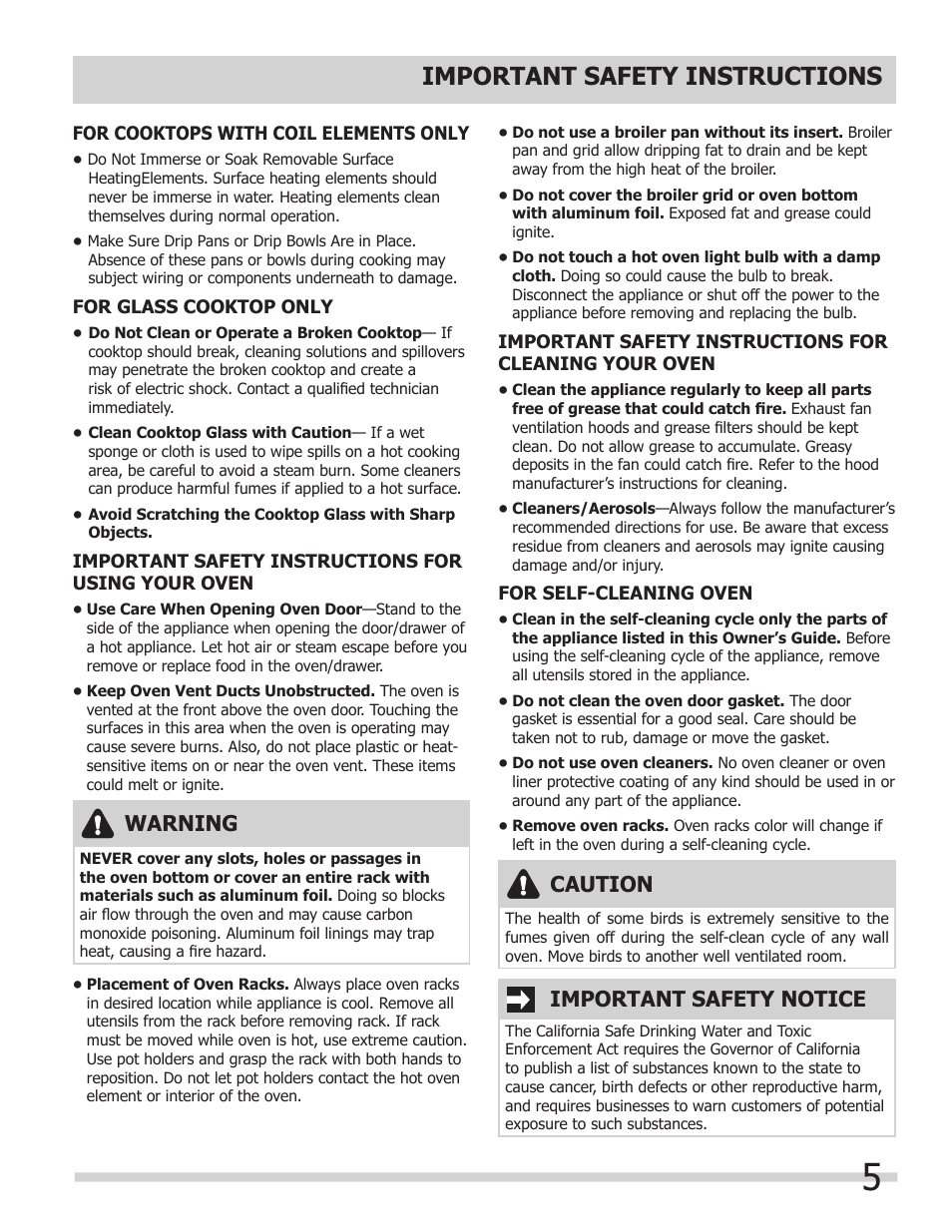 Important safety instructions, Warning, Caution | Important safety notice | FRIGIDAIRE A User Manual | Page 5 / 32
