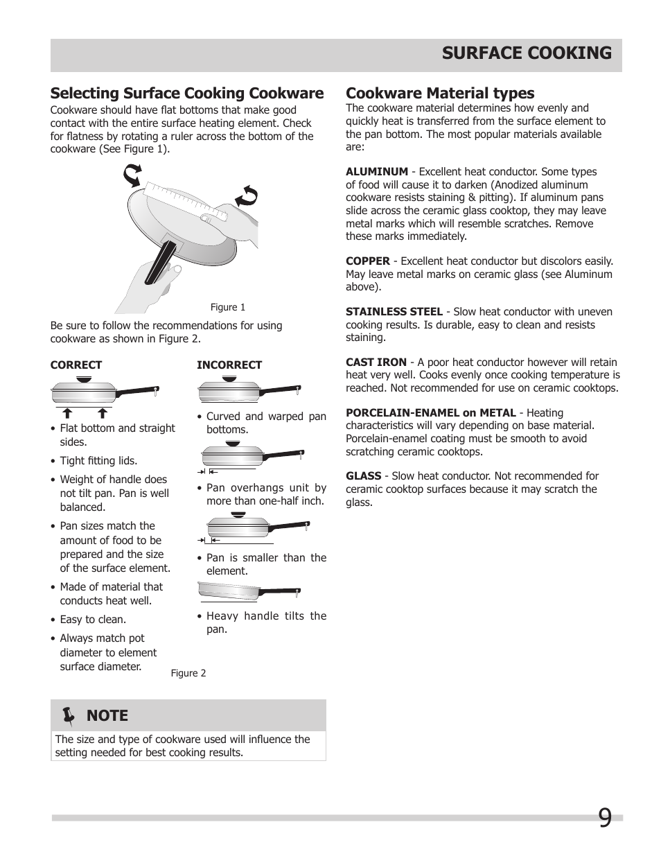 Surface cooking, Selecting surface cooking cookware, Cookware material types | FRIGIDAIRE A User Manual | Page 9 / 32