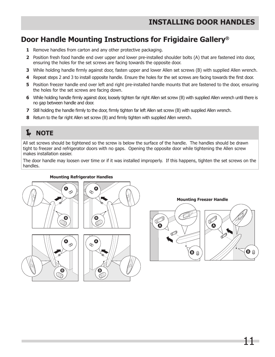 Installing door handles | FRIGIDAIRE 242046800 User Manual | Page 11 / 31