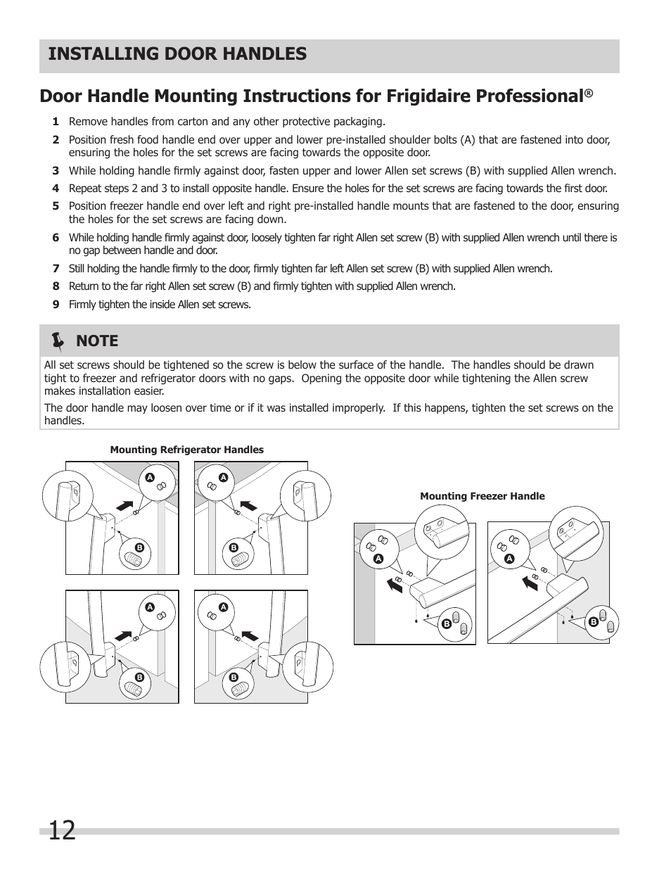 Installing door handles | FRIGIDAIRE 242046800 User Manual | Page 12 / 31