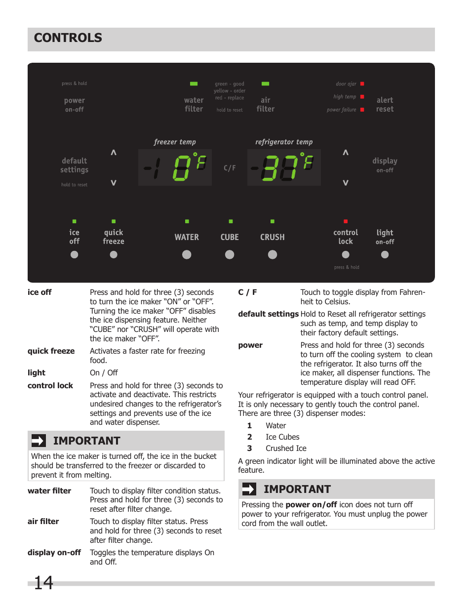 Controls, Important | FRIGIDAIRE 242046800 User Manual | Page 14 / 31