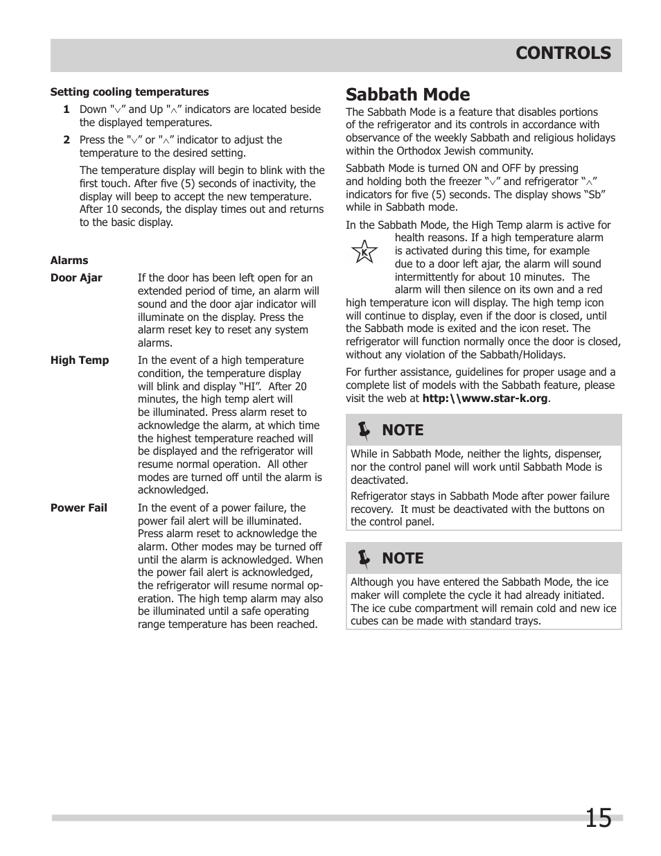 Controls, Sabbath mode | FRIGIDAIRE 242046800 User Manual | Page 15 / 31