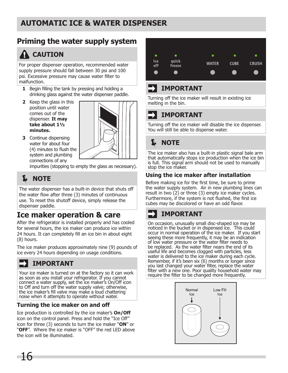 Automatic ice & water dispenser, Priming the water supply system, Ice maker operation & care | Important, Caution | FRIGIDAIRE 242046800 User Manual | Page 16 / 31