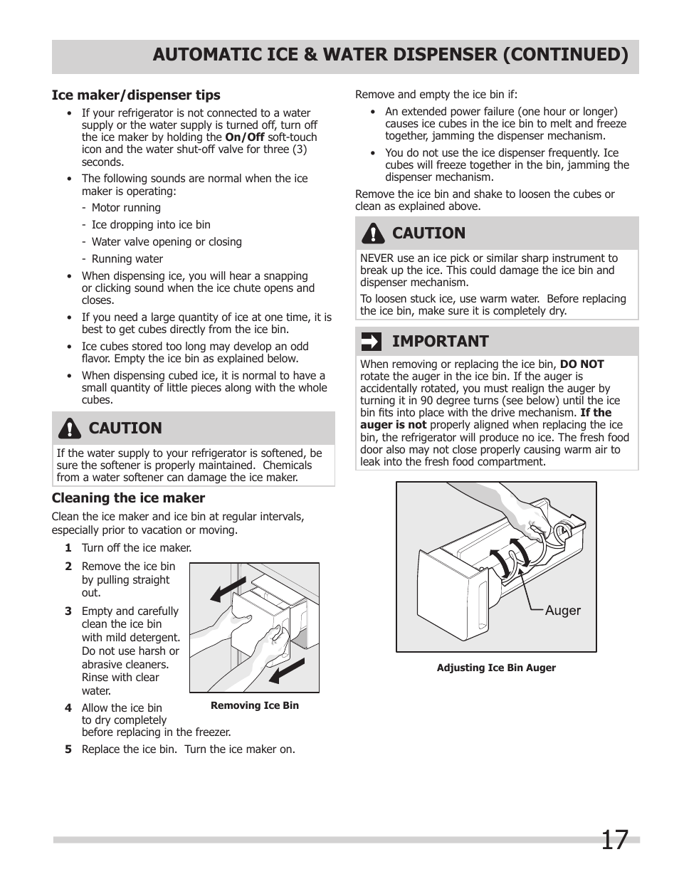 Automatic ice & water dispenser (continued), Caution, Important | FRIGIDAIRE 242046800 User Manual | Page 17 / 31