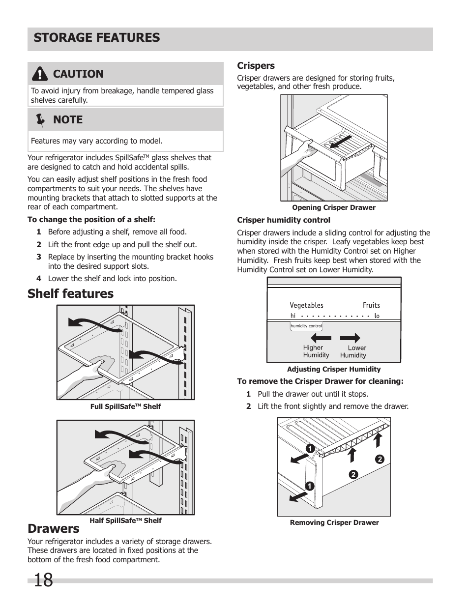 Storage features, Shelf features, Drawers | Caution | FRIGIDAIRE 242046800 User Manual | Page 18 / 31