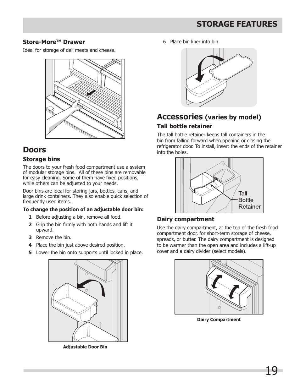 Storage features, Doors, Accessories | FRIGIDAIRE 242046800 User Manual | Page 19 / 31