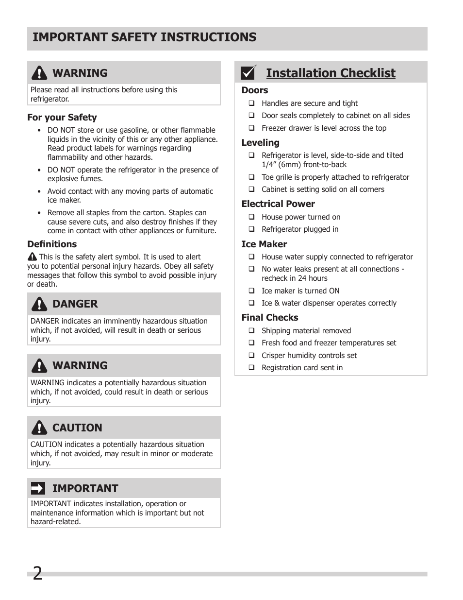 Installation checklist, Important safety instructions, Warning | Important, Danger, Caution | FRIGIDAIRE 242046800 User Manual | Page 2 / 31