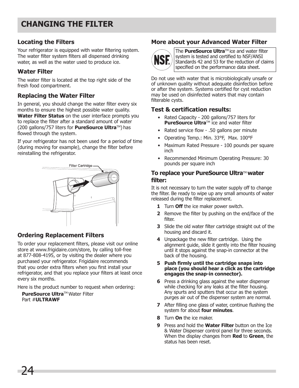 Changing the filter | FRIGIDAIRE 242046800 User Manual | Page 24 / 31