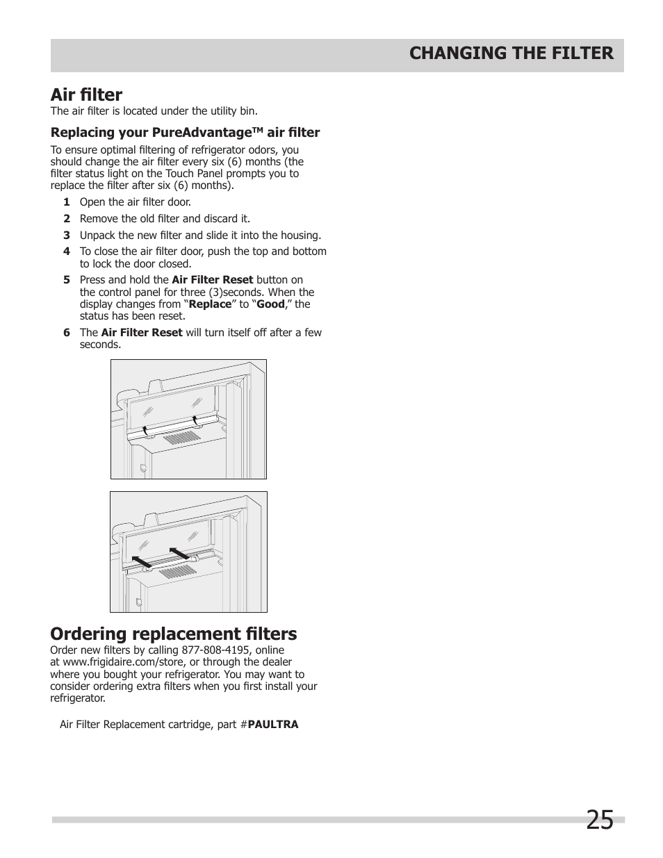 Changing the filter ordering replacement filters, Air filter | FRIGIDAIRE 242046800 User Manual | Page 25 / 31