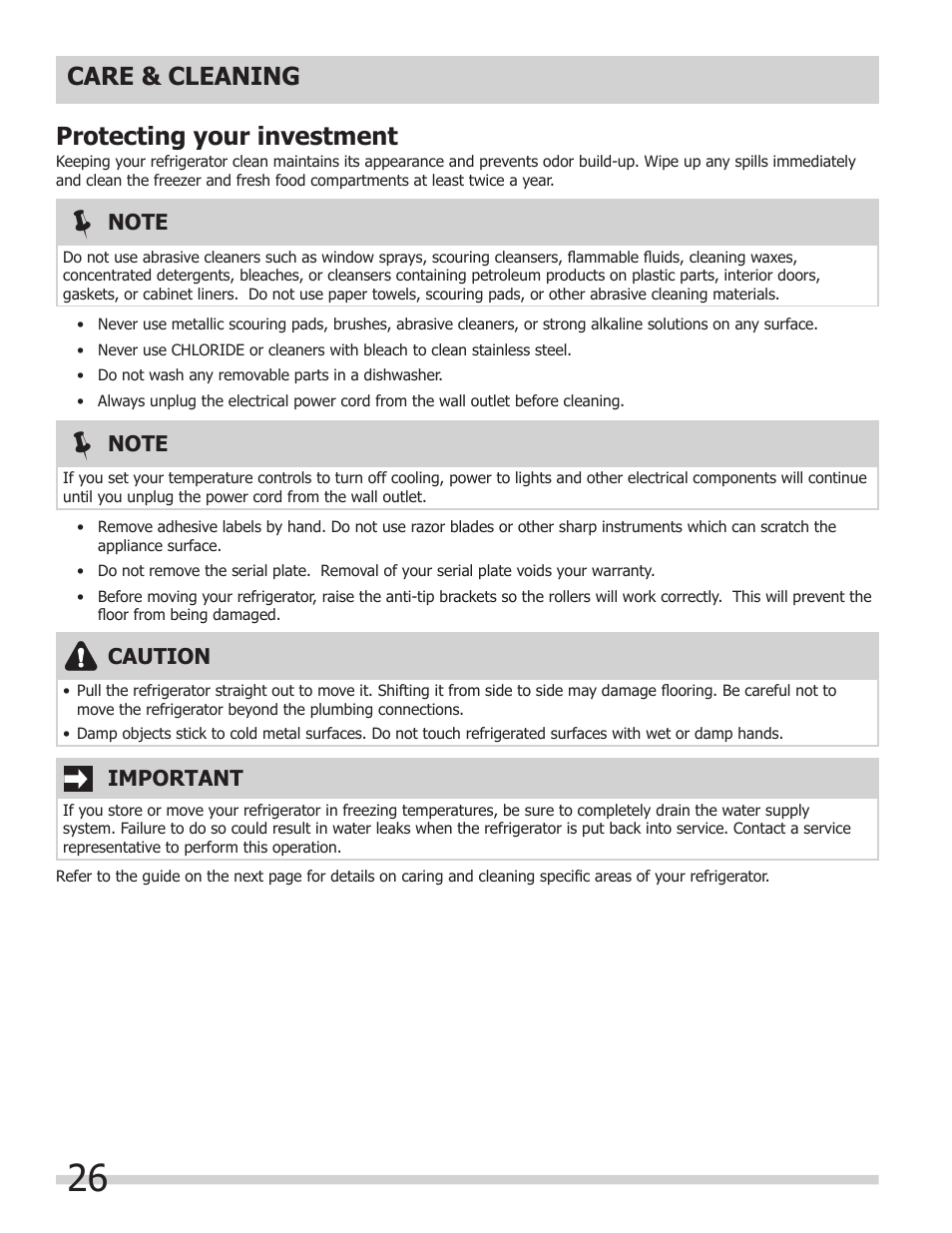 Care & cleaning protecting your investment | FRIGIDAIRE 242046800 User Manual | Page 26 / 31