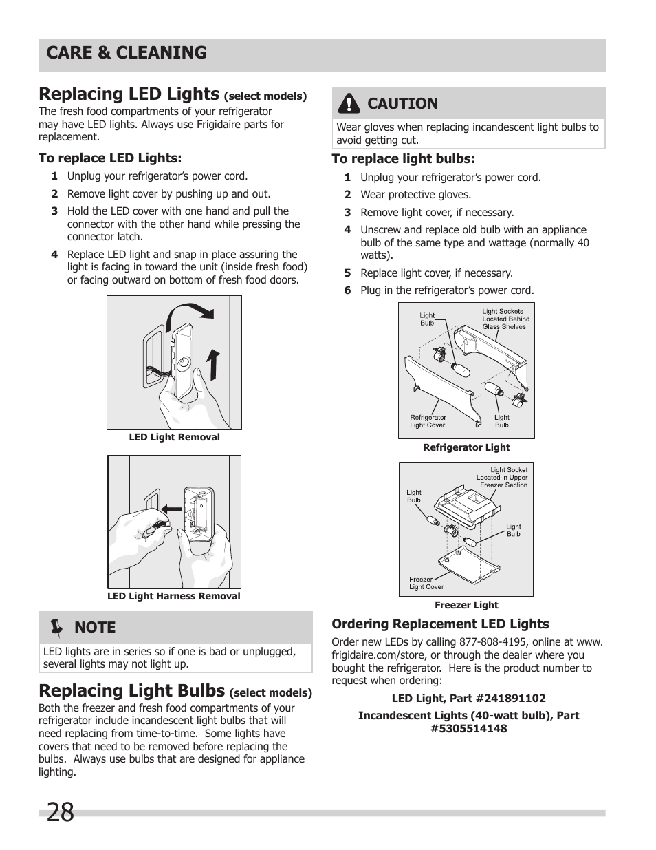 Care & cleaning replacing led lights, Replacing light bulbs, Caution | FRIGIDAIRE 242046800 User Manual | Page 28 / 31
