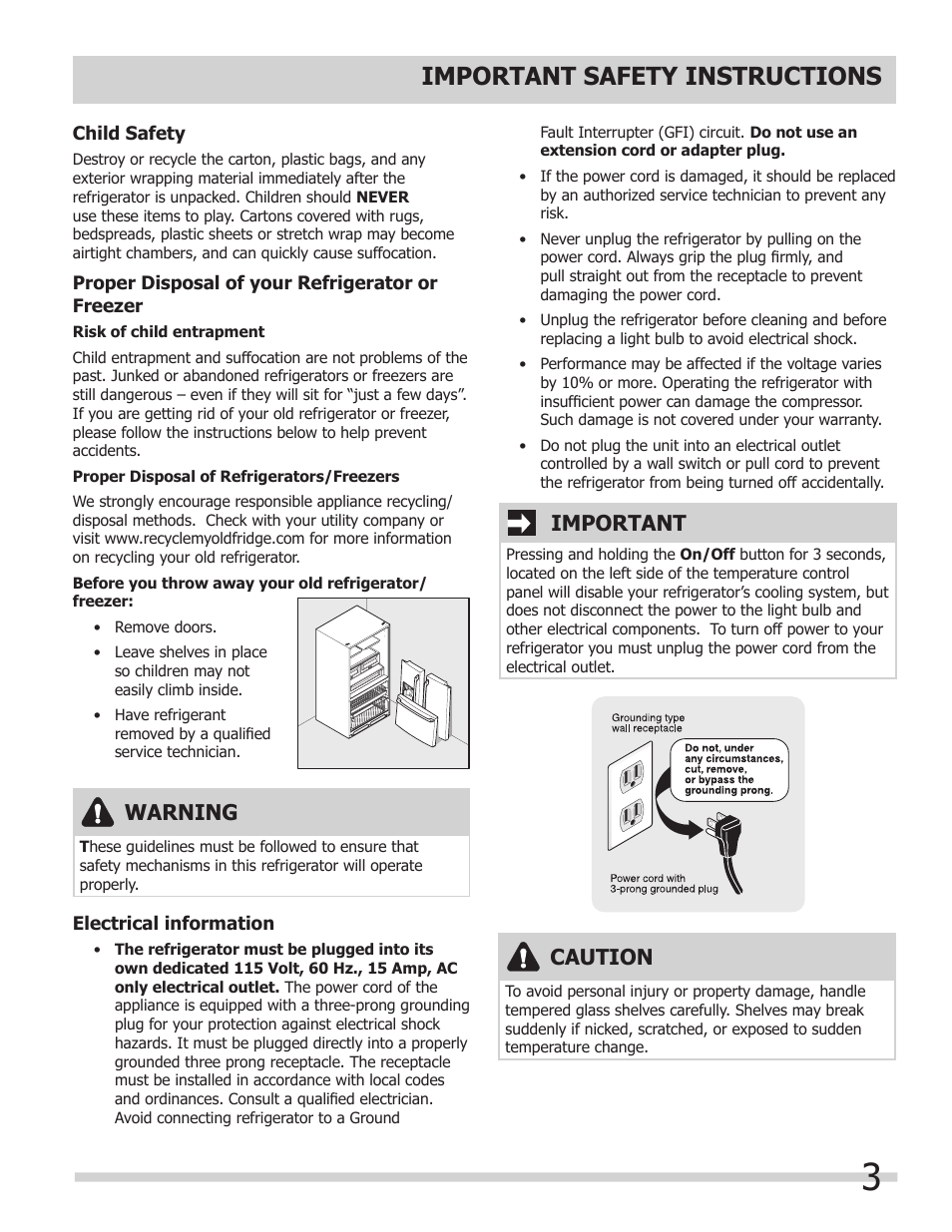 Important safety instructions, Warning, Important | Caution | FRIGIDAIRE 242046800 User Manual | Page 3 / 31
