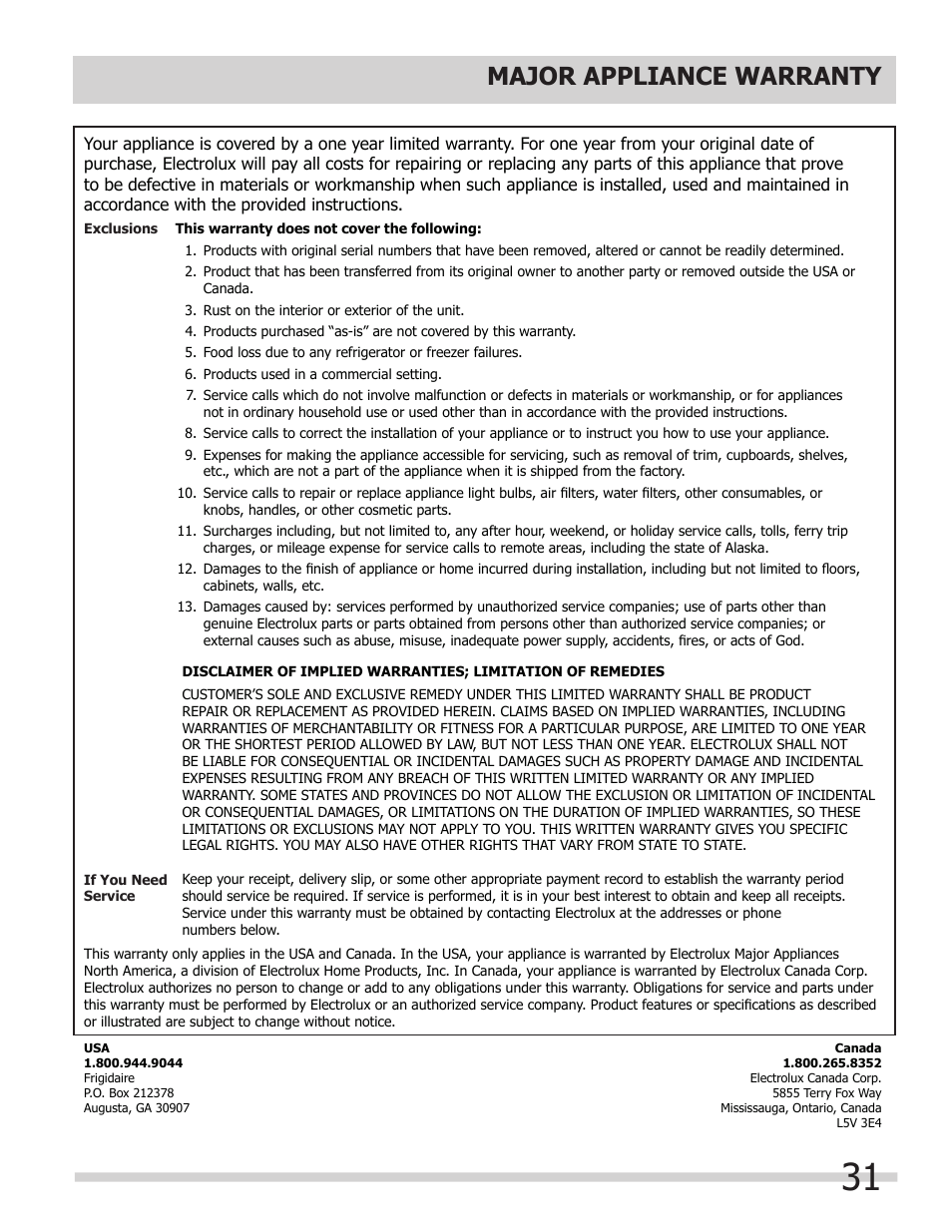 Major appliance warranty | FRIGIDAIRE 242046800 User Manual | Page 31 / 31