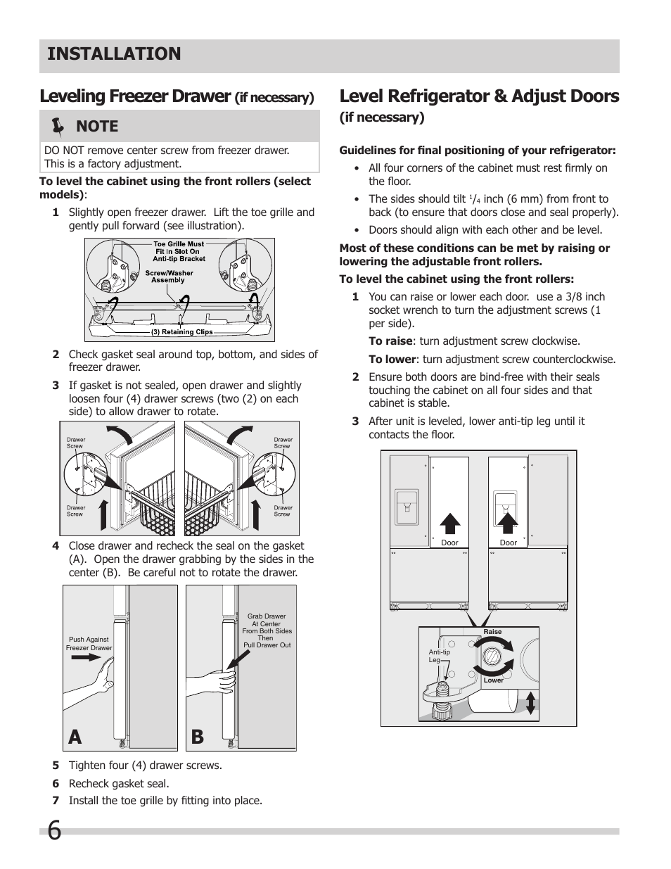 Installation, Leveling freezer drawer, Level refrigerator & adjust doors | FRIGIDAIRE 242046800 User Manual | Page 6 / 31