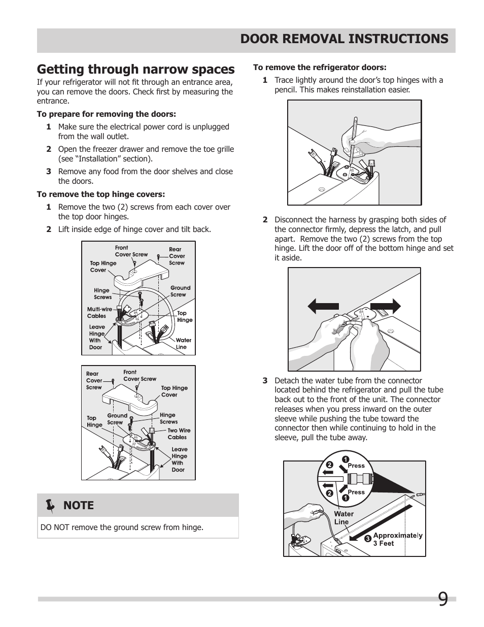 Door removal instructions, Getting through narrow spaces | FRIGIDAIRE 242046800 User Manual | Page 9 / 31