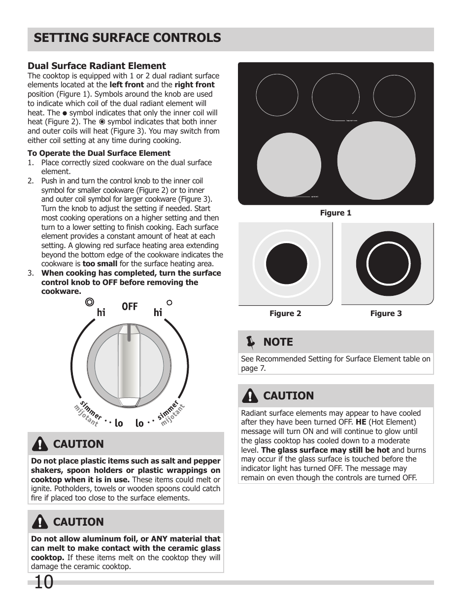 Setting surface controls, Caution | FRIGIDAIRE 318205205 User Manual | Page 10 / 40