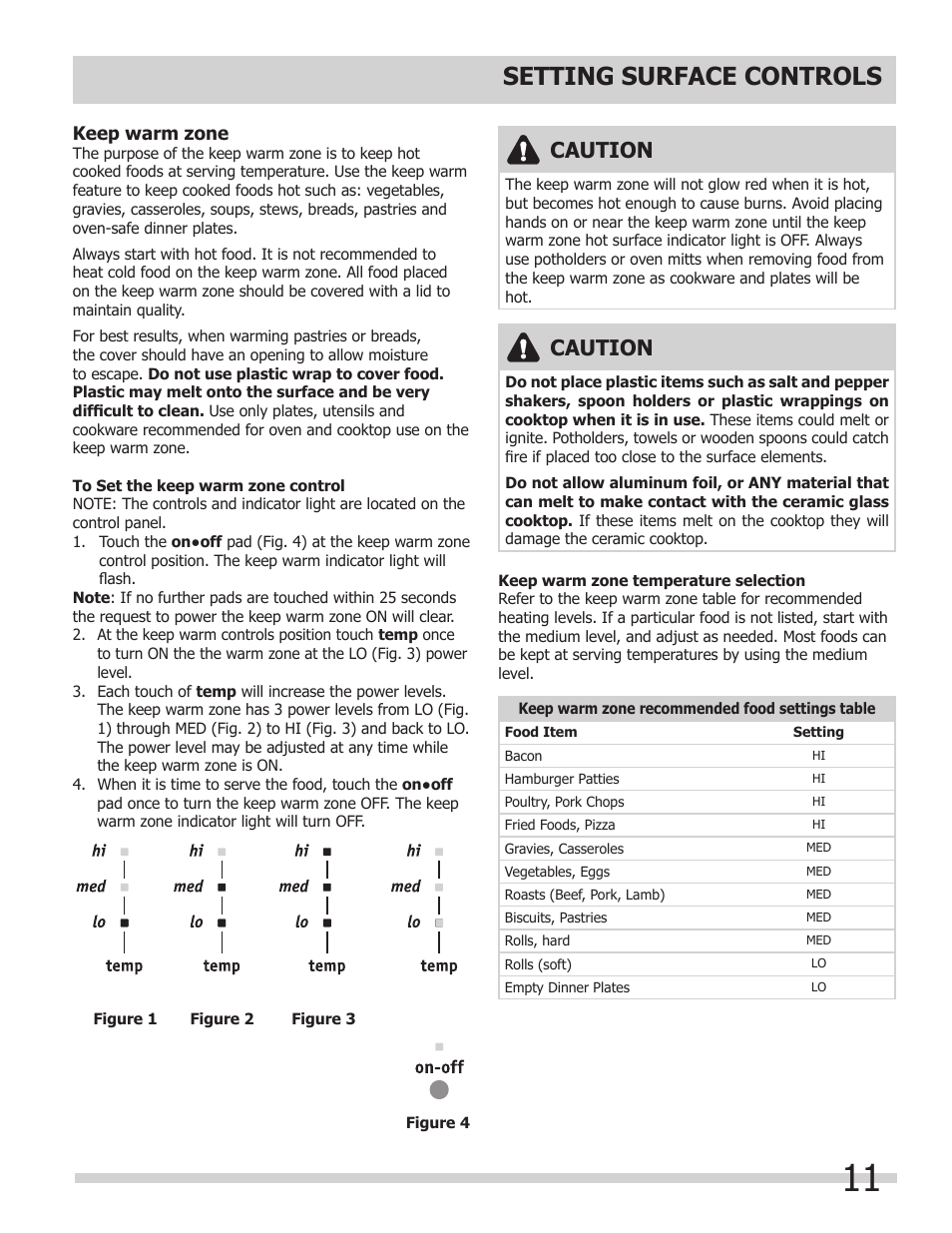 Setting surface controls, Caution | FRIGIDAIRE 318205205 User Manual | Page 11 / 40