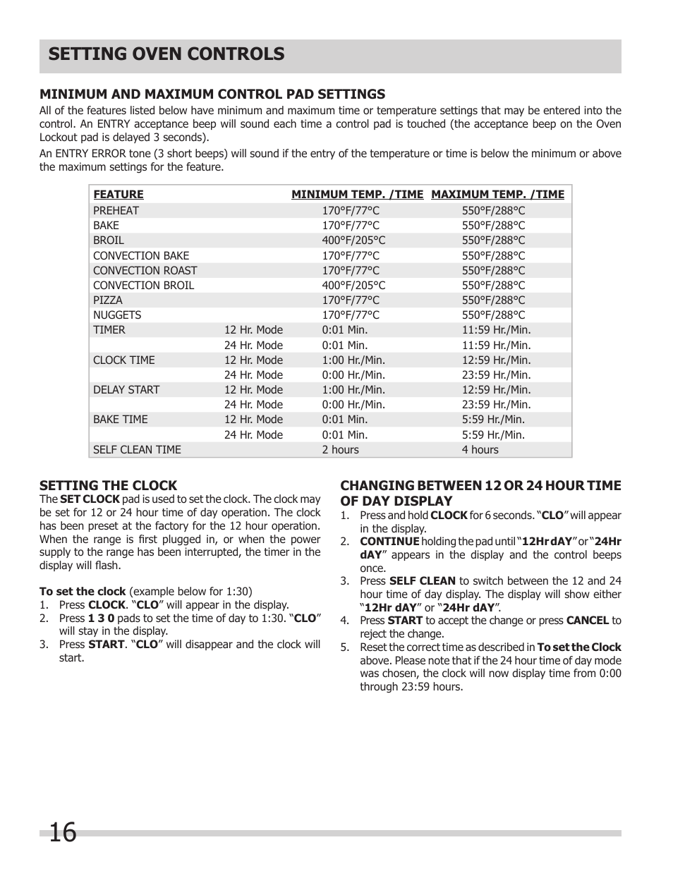 Setting oven controls | FRIGIDAIRE 318205205 User Manual | Page 16 / 40
