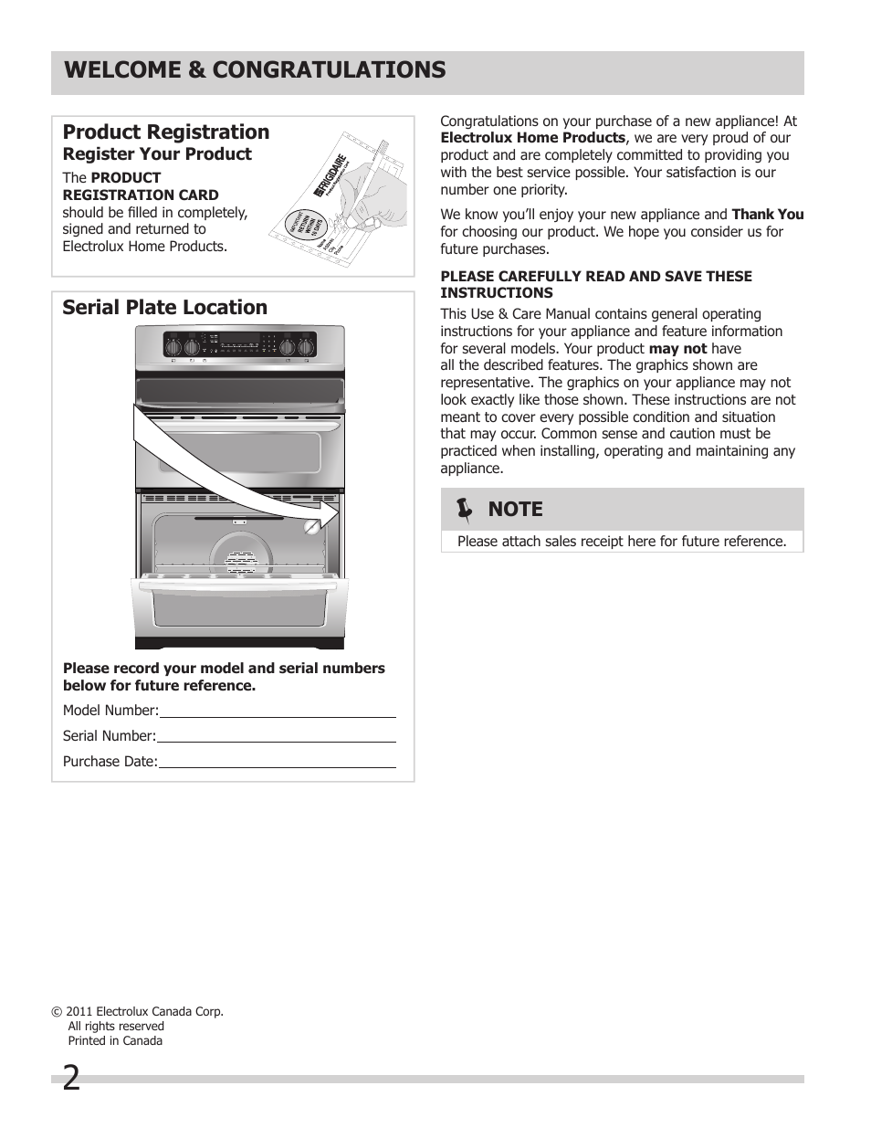Product registration, Serial plate location | FRIGIDAIRE 318205205 User Manual | Page 2 / 40