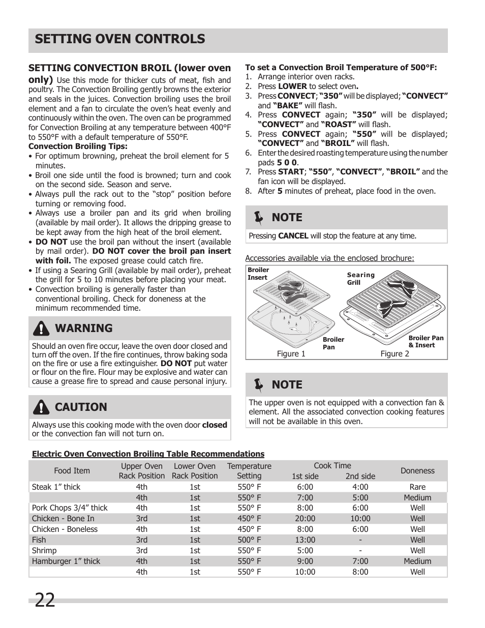 Setting oven controls, Warning, Caution | FRIGIDAIRE 318205205 User Manual | Page 22 / 40