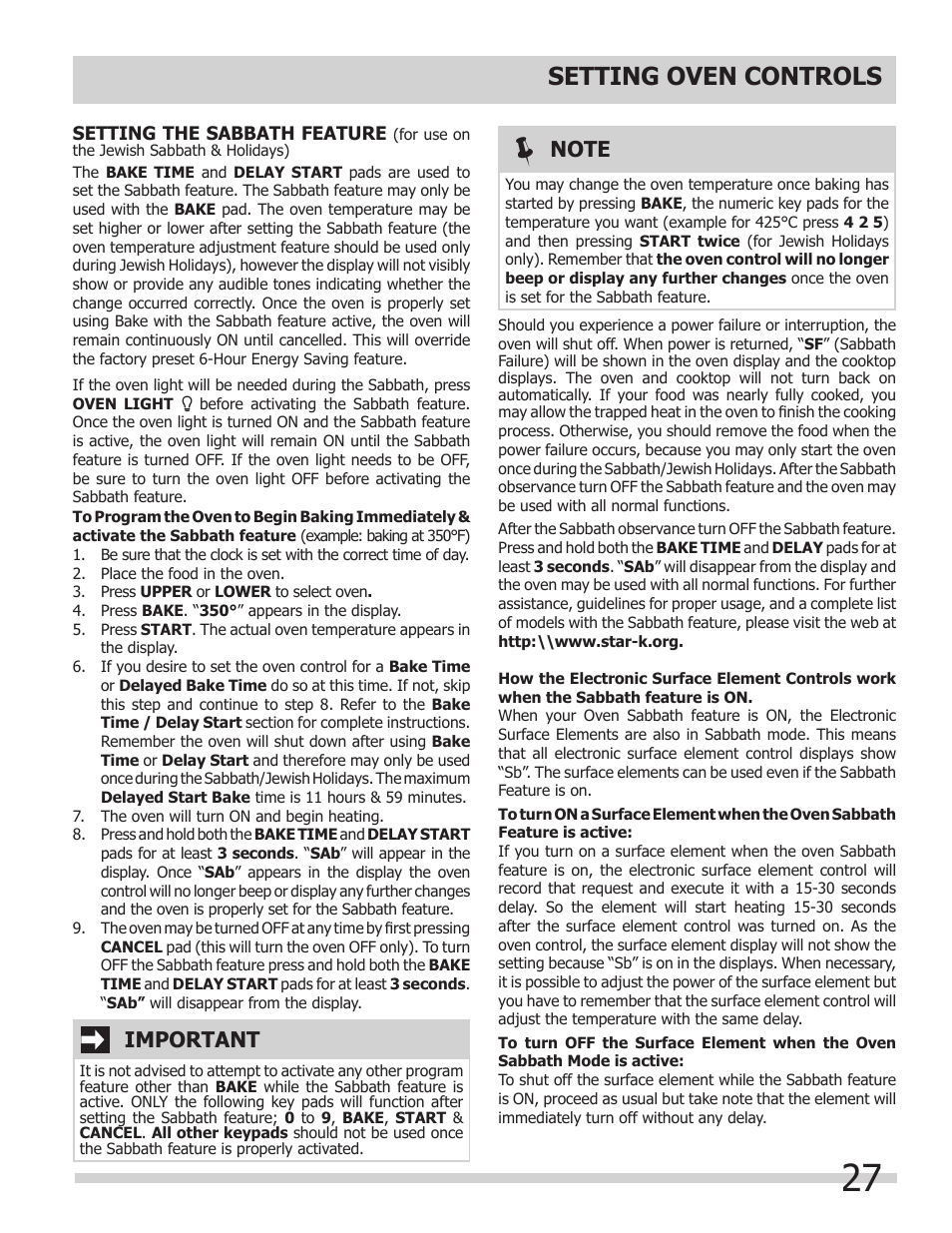 Setting oven controls, Important | FRIGIDAIRE 318205205 User Manual | Page 27 / 40