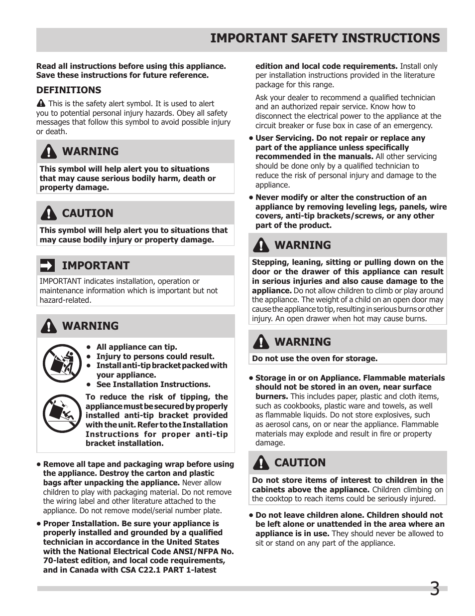 Important safety instructions, Warning, Caution | Important | FRIGIDAIRE 318205205 User Manual | Page 3 / 40
