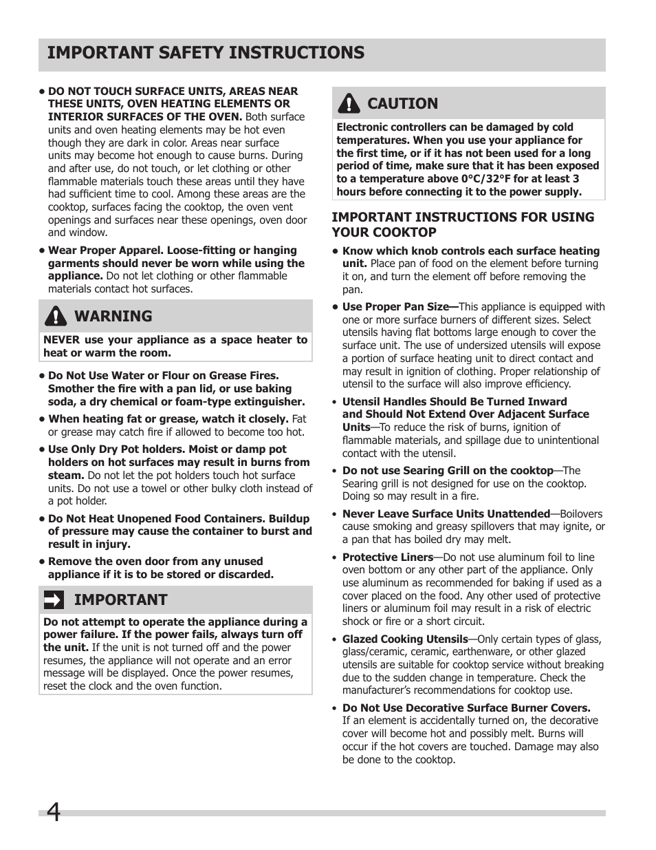 Important safety instructions, Warning, Important | Caution | FRIGIDAIRE 318205205 User Manual | Page 4 / 40