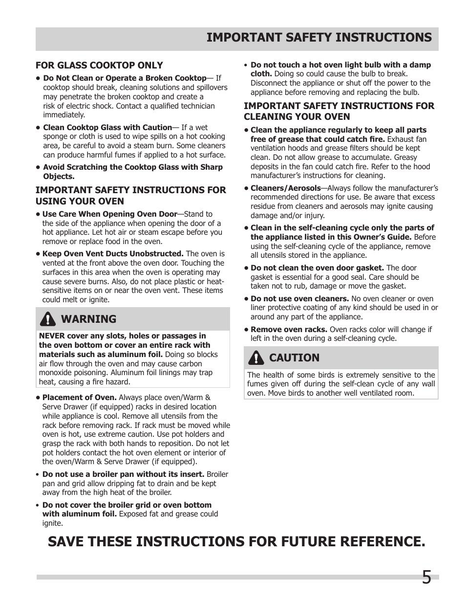 Save these instructions for future reference, Important safety instructions, Warning | Caution | FRIGIDAIRE 318205205 User Manual | Page 5 / 40