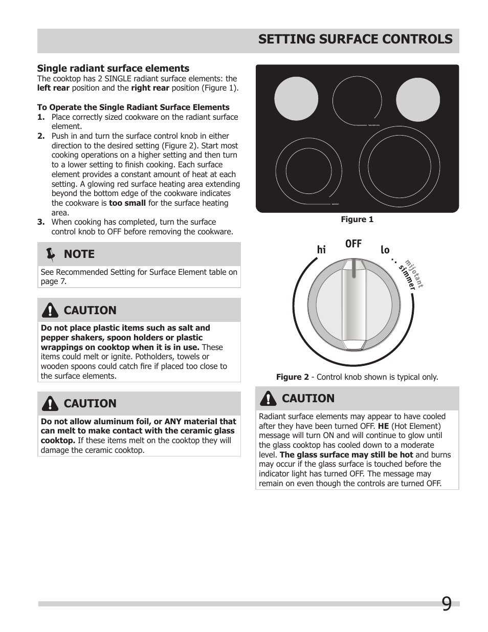 Setting surface controls, Caution | FRIGIDAIRE 318205205 User Manual | Page 9 / 40