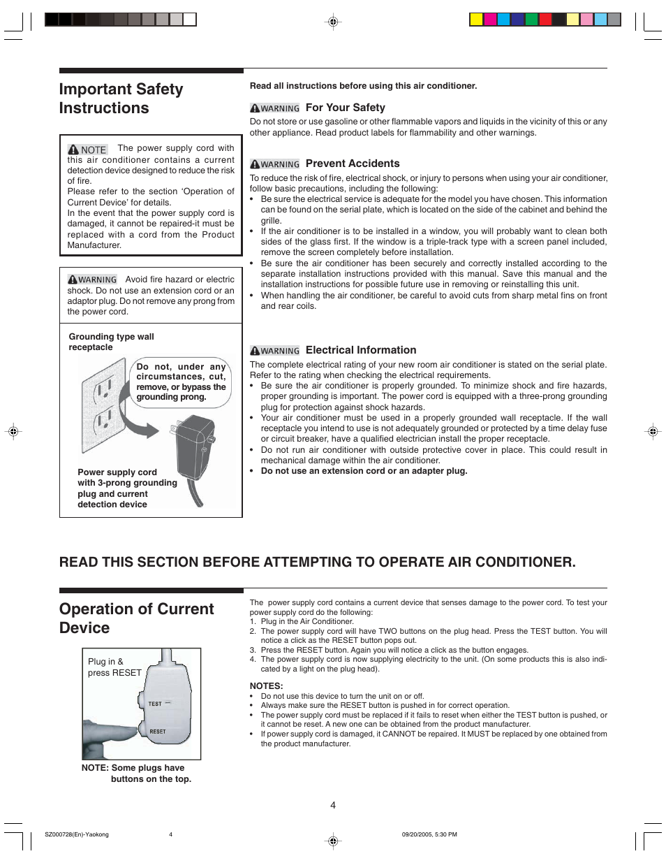 Important safety instructions, Operation of current device | FRIGIDAIRE 220213A196 User Manual | Page 4 / 12