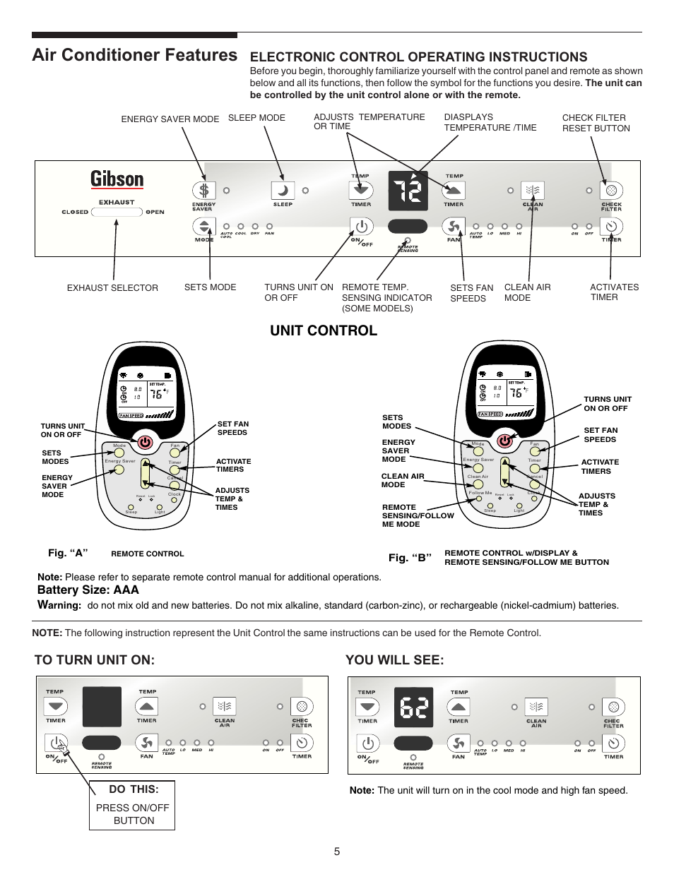 Air conditioner features, Electronic control operating instructions, Attery | This | FRIGIDAIRE 220213A196 User Manual | Page 5 / 12