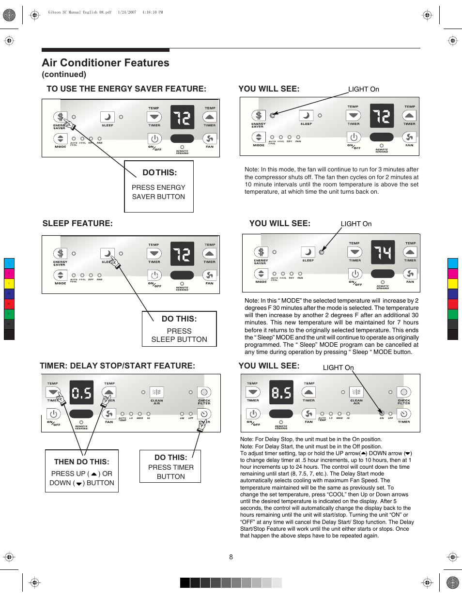 Air conditioner features, Continued) 4, 3,%%0 do | This, Timer: delay stop/start feature: you will see | FRIGIDAIRE 220213A196 User Manual | Page 8 / 12