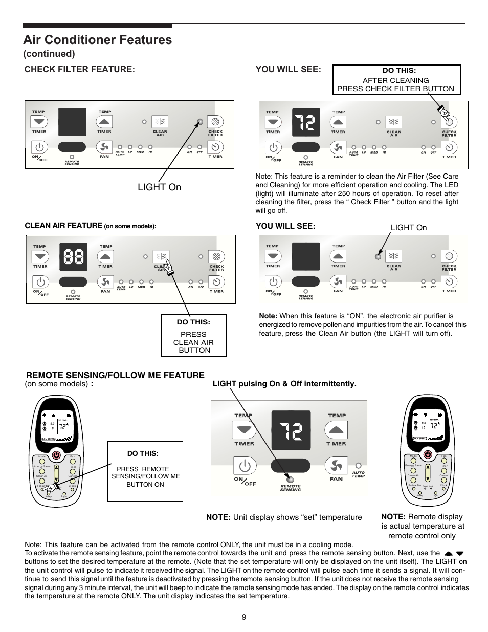 Air conditioner features, Continued), Light on | Check filter feature: you will see, Remote sensing/follow me feature, Clean air feature, You will see: light on, On some models), Do this | FRIGIDAIRE 220213A196 User Manual | Page 9 / 12