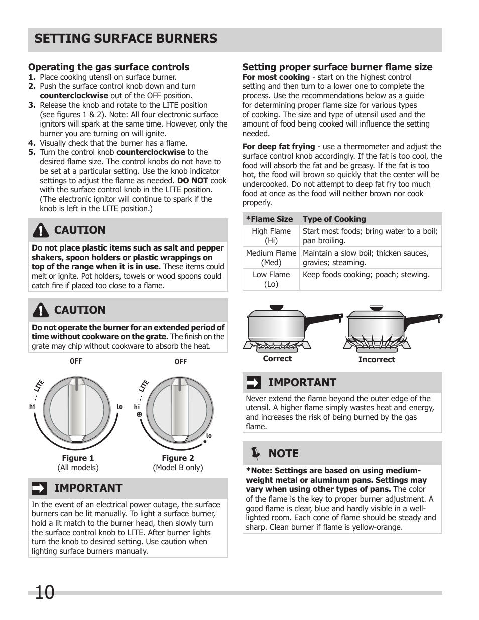 Setting surface burners, Important, Caution | FRIGIDAIRE 318205854 User Manual | Page 10 / 38