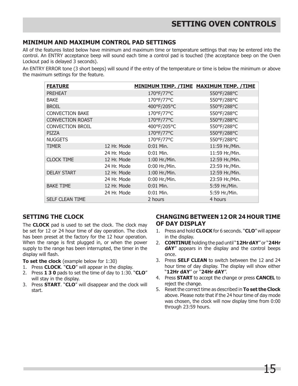 Setting oven controls | FRIGIDAIRE 318205854 User Manual | Page 15 / 38