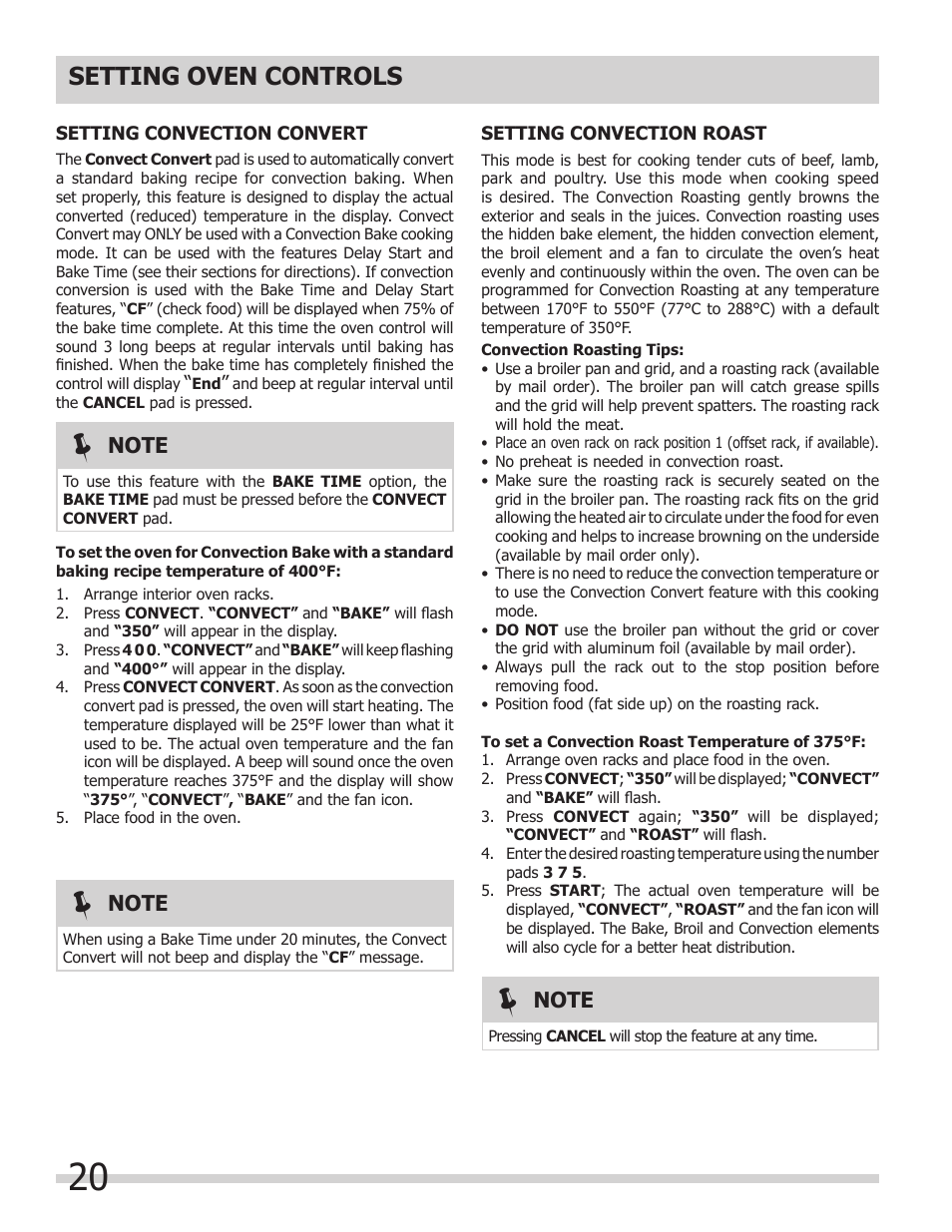 Setting oven controls | FRIGIDAIRE 318205854 User Manual | Page 20 / 38