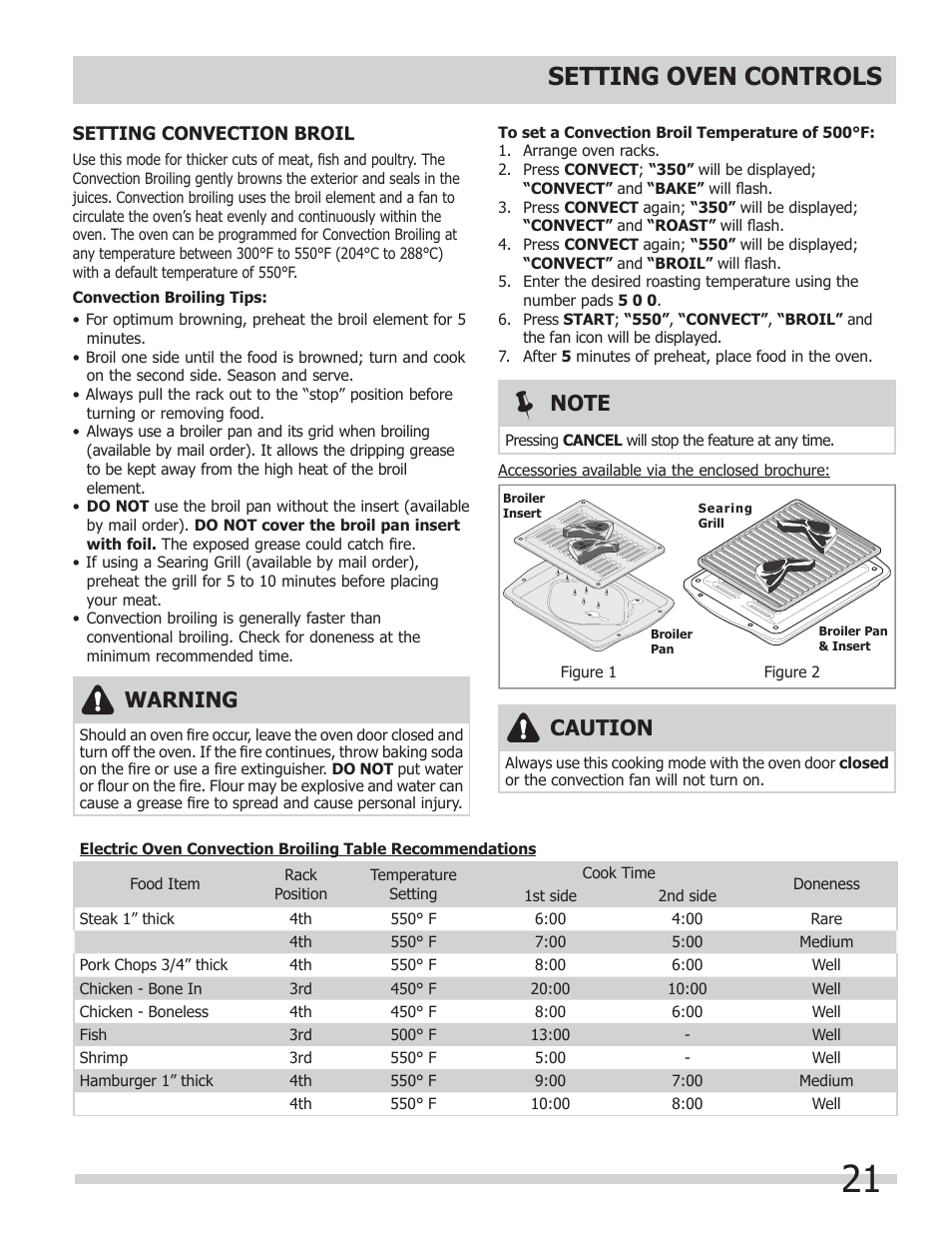 Setting oven controls, Warning, Caution | FRIGIDAIRE 318205854 User Manual | Page 21 / 38