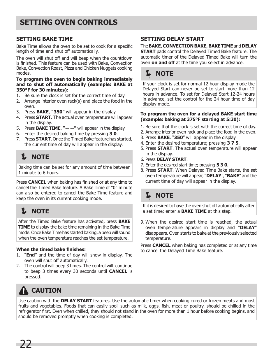 Setting oven controls, Caution | FRIGIDAIRE 318205854 User Manual | Page 22 / 38