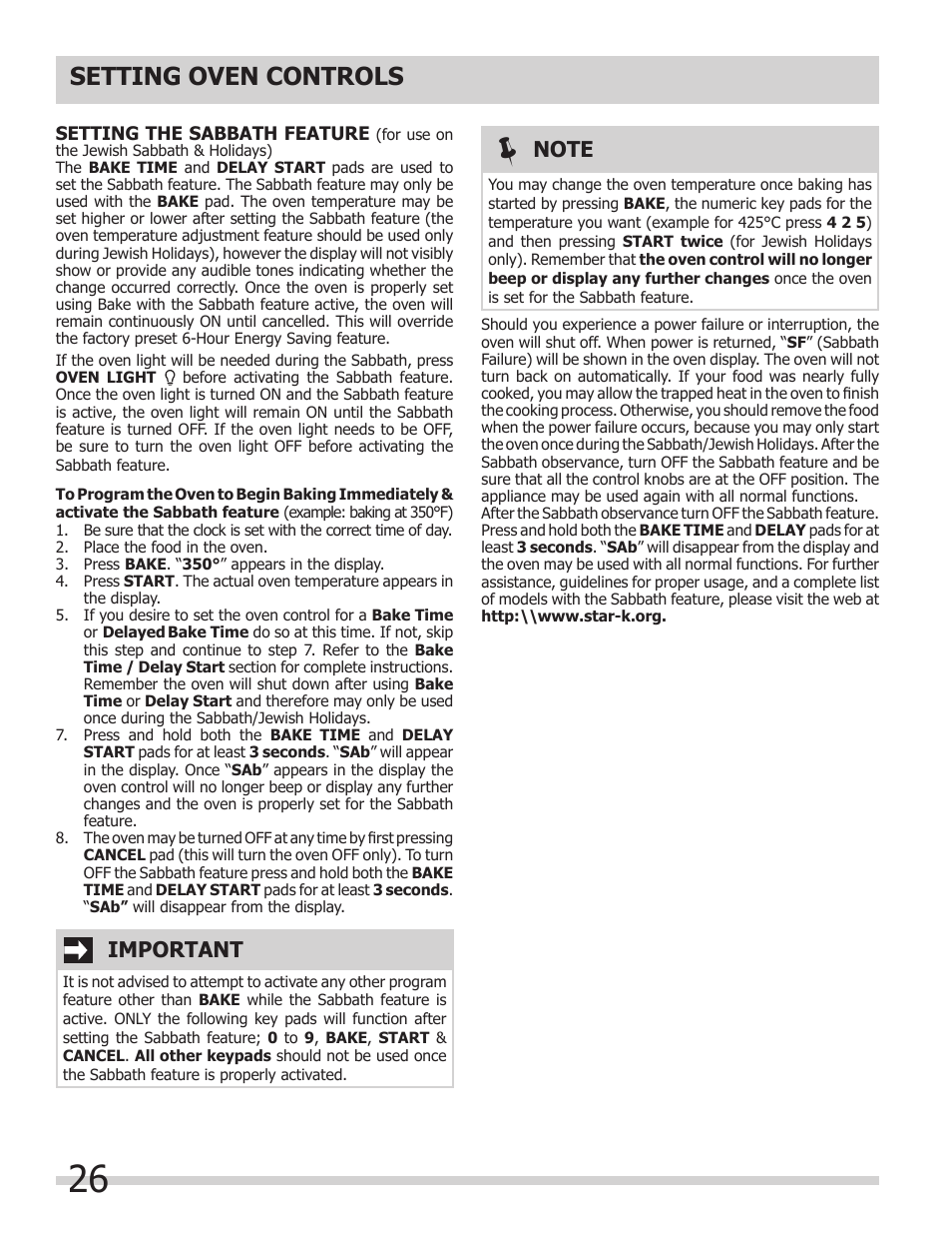 Setting oven controls, Important | FRIGIDAIRE 318205854 User Manual | Page 26 / 38