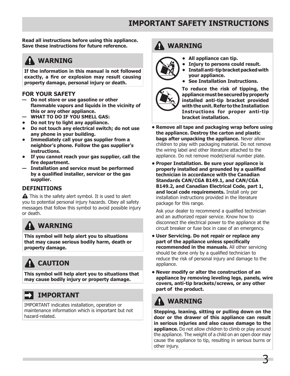 Important safety instructions, Warning, Important | Caution | FRIGIDAIRE 318205854 User Manual | Page 3 / 38