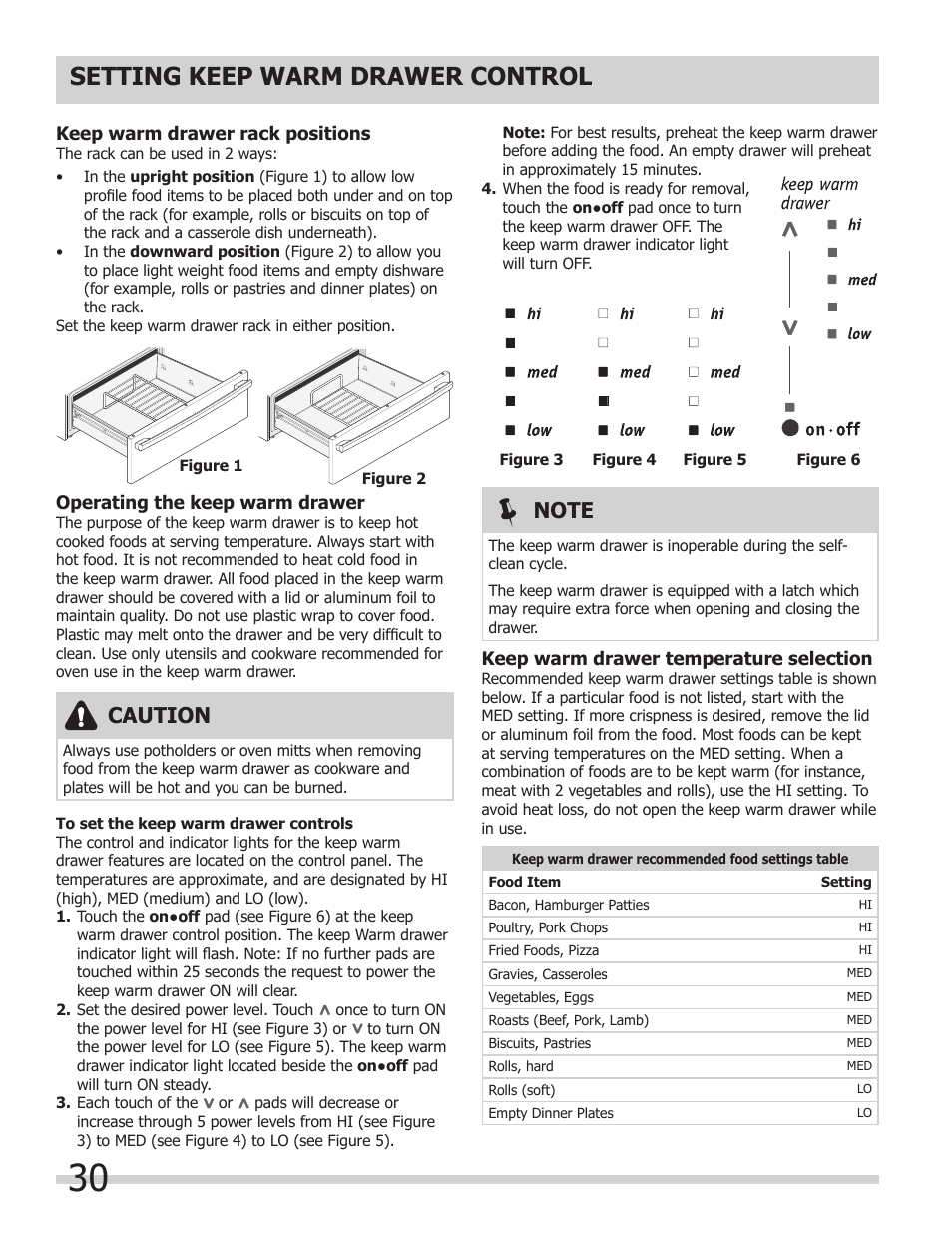 Setting keep warm drawer control, Caution | FRIGIDAIRE 318205854 User Manual | Page 30 / 38