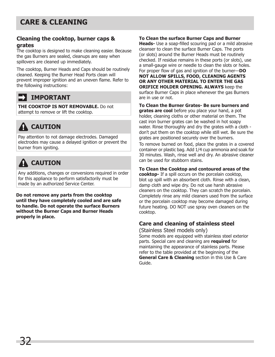 Care & cleaning, Important, Caution | FRIGIDAIRE 318205854 User Manual | Page 32 / 38