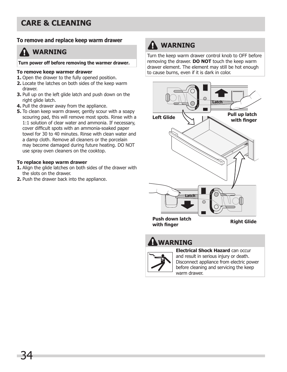 Care & cleaning, Warning | FRIGIDAIRE 318205854 User Manual | Page 34 / 38